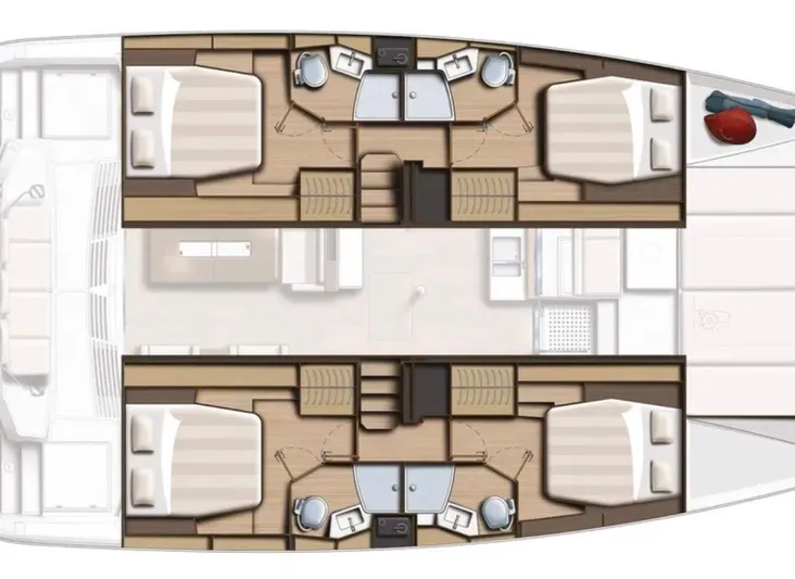  Yacht Photos Pics Floor plan of a 2023 Bali 4.4 yacht, featuring four cabins and two bathrooms.