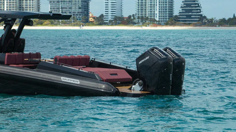  Yacht Photos Pics Skipper-BSK 42NC 2023 boat with dual Mercury engines on blue water near city skyline.