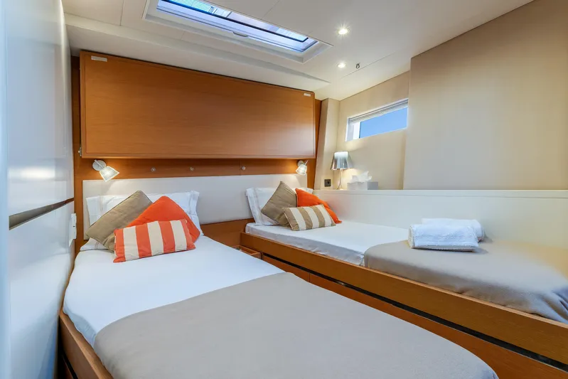 Cloudy Night Yacht Photos Pics Luxurious cabin interior of 2019 CNB 76 yacht with twin beds and modern decor.