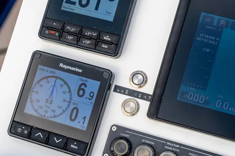 Cloudy Night Yacht Photos Pics Control panel of a 2019 CNB 76 yacht with Raymarine displays.