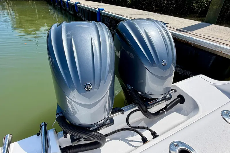  Yacht Photos Pics Twin Yamaha outboard engines on a 2021 Sportsman Open 302 Center Console boat.