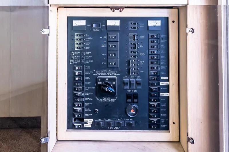 Falcon Yacht Photos Pics Electrical panel of a 1998 Ocean Yachts 48 Super Sport boat, featuring various switches and gauges.