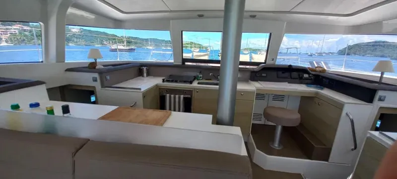  Yacht Photos Pics Interior of 2017 Bali 4.0 catamaran with modern kitchen and scenic ocean view.