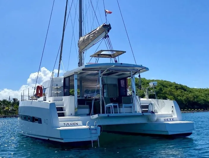  Yacht Photos Pics 2017 Bali 4.0 catamaran on water, clear sky, lush green background.