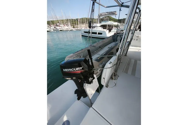  Yacht Photos Pics Bali 4.0 catamaran with Mercury outboard motor, docked in a marina, 2017 model.