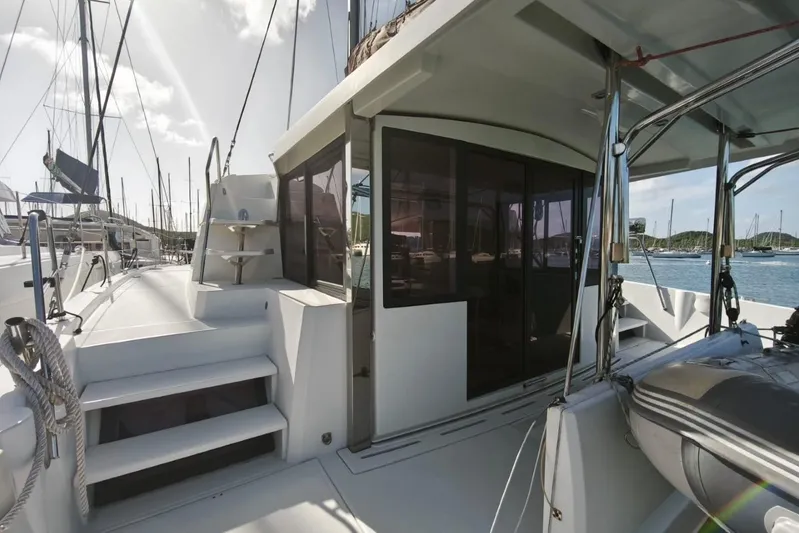  Yacht Photos Pics 2017 Bali 4.0 catamaran deck with modern design, docked at marina.