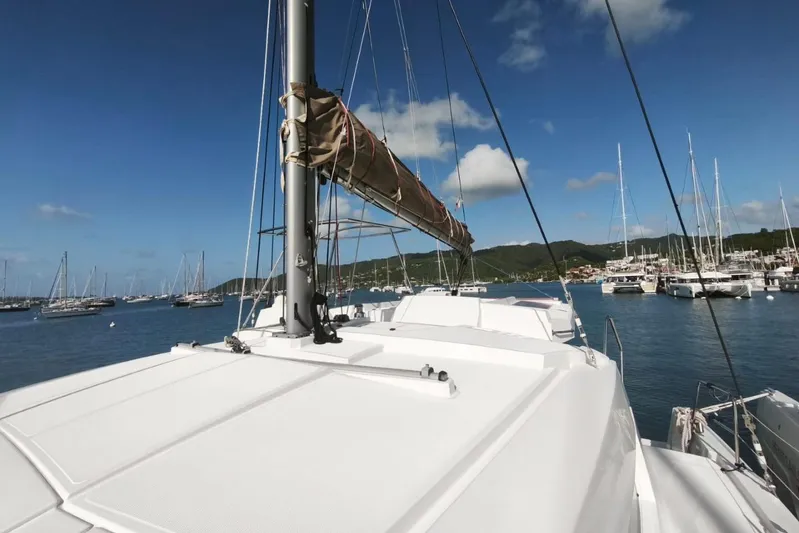  Yacht Photos Pics Sailing catamaran Bali 4.0, 2017 model, docked in a scenic marina.