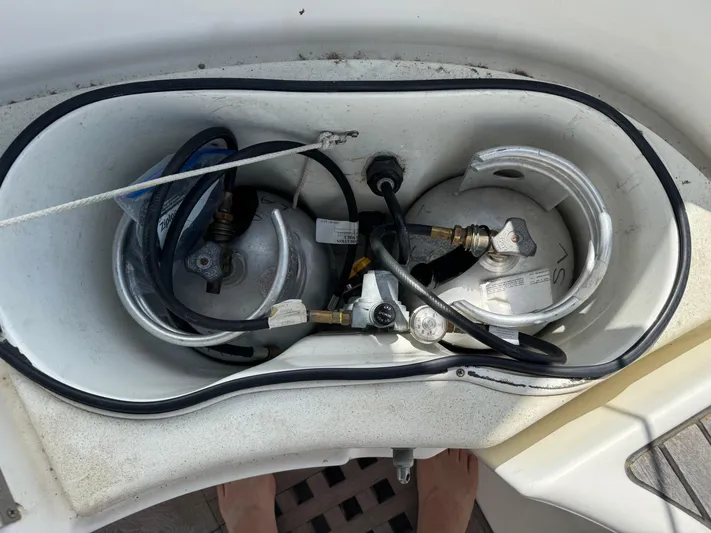 Layla Yacht Photos Pics Propane storage compartment on a 1997 Beneteau Oceanis 461 sailboat.