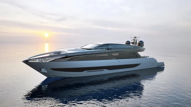 Filippetti S100 Yacht Photos Pics Luxury Filippetti S100 yacht on calm sea at sunset, 2027 model.
