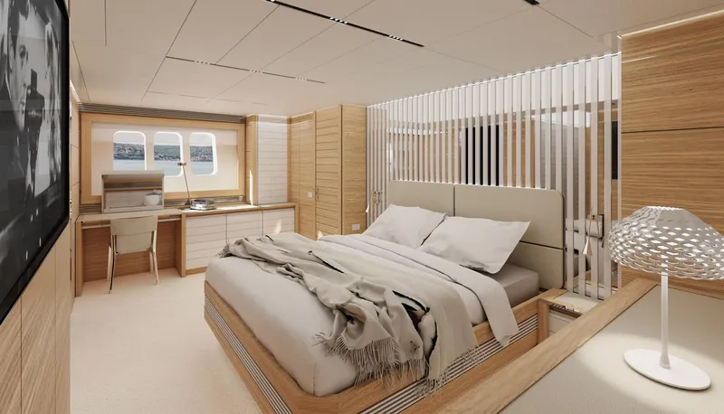 Filippetti S100 Yacht Photos Pics Luxurious 2027 Filippetti S100 yacht bedroom with modern design and ocean view windows.