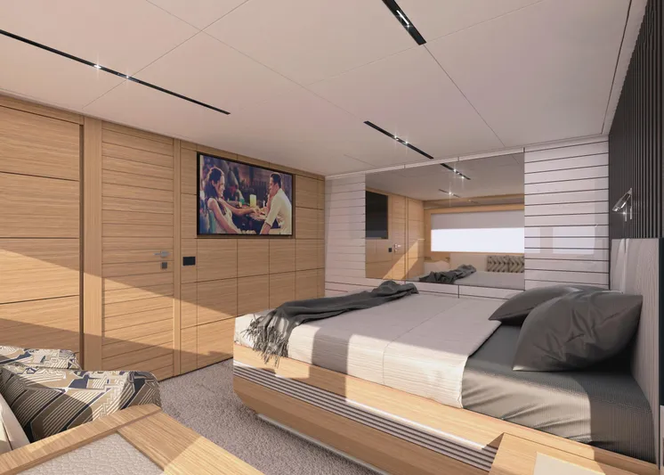Filippetti S100 Yacht Photos Pics Luxurious Filippetti S100 2027 yacht bedroom with modern design and elegant wood finishes.