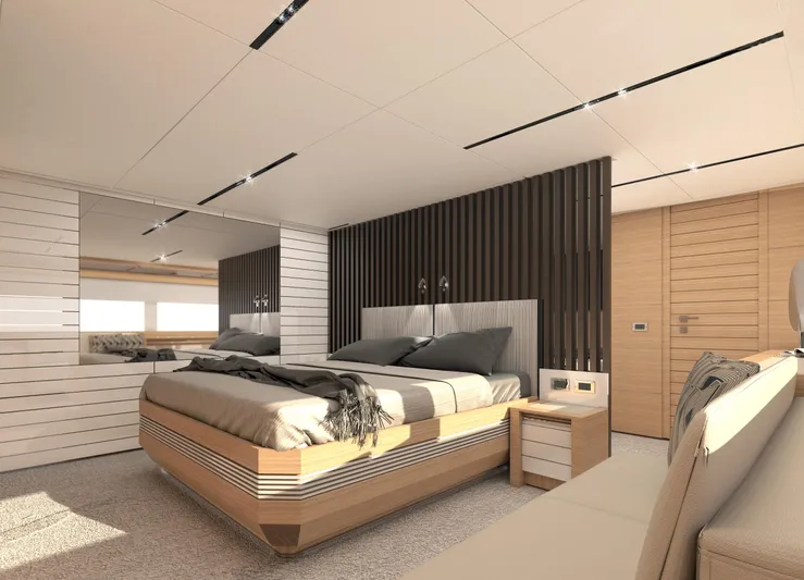 Filippetti S100 Yacht Photos Pics Luxurious bedroom interior on 2027 Filippetti S100 yacht, featuring modern design and elegant furnishings.