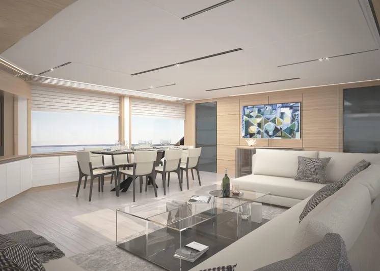 Filippetti S100 Yacht Photos Pics Luxurious interior of 2027 Filippetti S100 yacht with modern decor and spacious seating area.