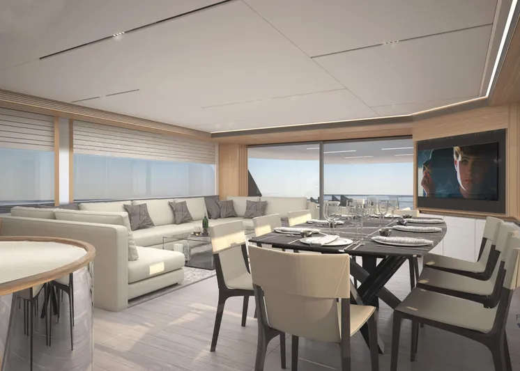 Filippetti S100 Yacht Photos Pics Luxurious interior of 2027 Filippetti S100 yacht with elegant dining and seating area.