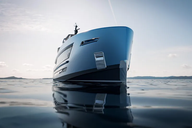 Ceccarelli 40 Project Yacht Photos Pics Luxurious 2028 Tuxedo Yachting House yacht on calm sea, sleek modern design.