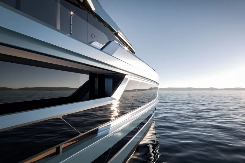 Ceccarelli 40 Project Yacht Photos Pics Sleek Tuxedo Yachting House yacht on calm sea, 2028 model, reflecting sunlight.