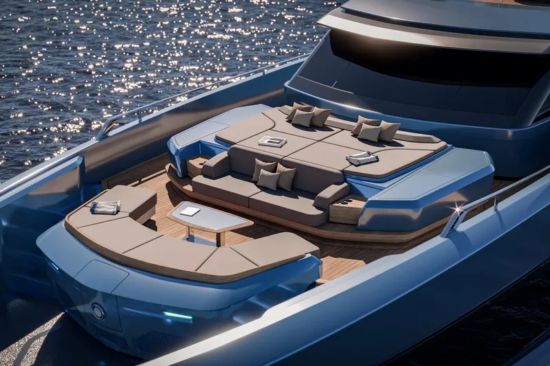 Ceccarelli 40 Project Yacht Photos Pics Luxurious 2028 Tuxedo Yachting House yacht with elegant deck seating and modern design.
