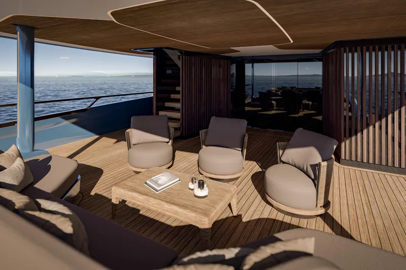 Ceccarelli 40 Project Yacht Photos Pics Luxurious yacht deck with modern seating, wooden flooring, and ocean view, Tuxedo Yachting House 2028.