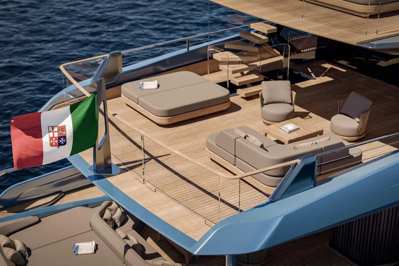 Ceccarelli 40 Project Yacht Photos Pics Luxurious Tuxedo Yachting House deck, 2028 model, featuring elegant seating and Italian flag.