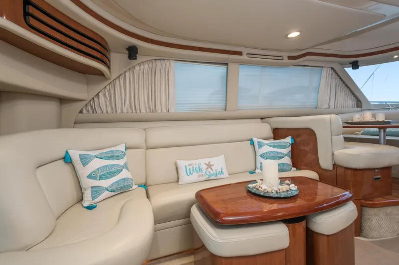 Lattitude Adjustment Yacht Photos Pics Luxurious interior of 2003 Sea Ray 480 Sedan Bridge yacht with elegant seating and decor.