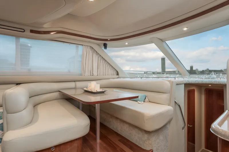 Lattitude Adjustment Yacht Photos Pics Luxurious interior of 2003 Sea Ray 480 Sedan Bridge yacht with elegant seating and table.