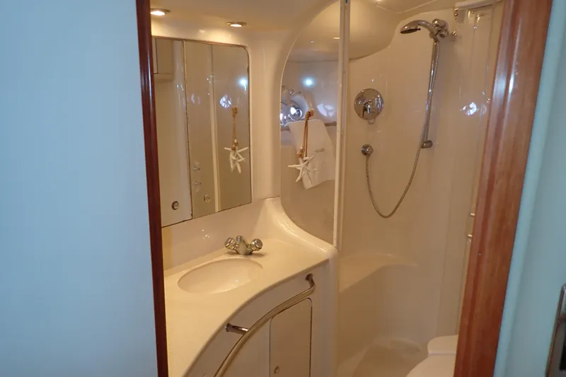 Lattitude Adjustment Yacht Photos Pics Bathroom interior of 2003 Sea Ray 480 Sedan Bridge yacht, featuring shower and sink.
