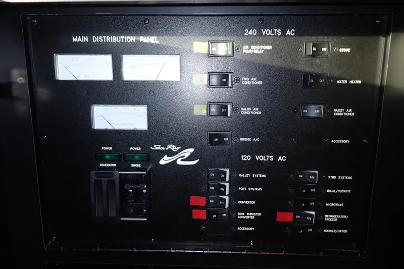 Lattitude Adjustment Yacht Photos Pics Main distribution panel of 2003 Sea Ray 480 Sedan Bridge yacht, showing AC voltage controls.