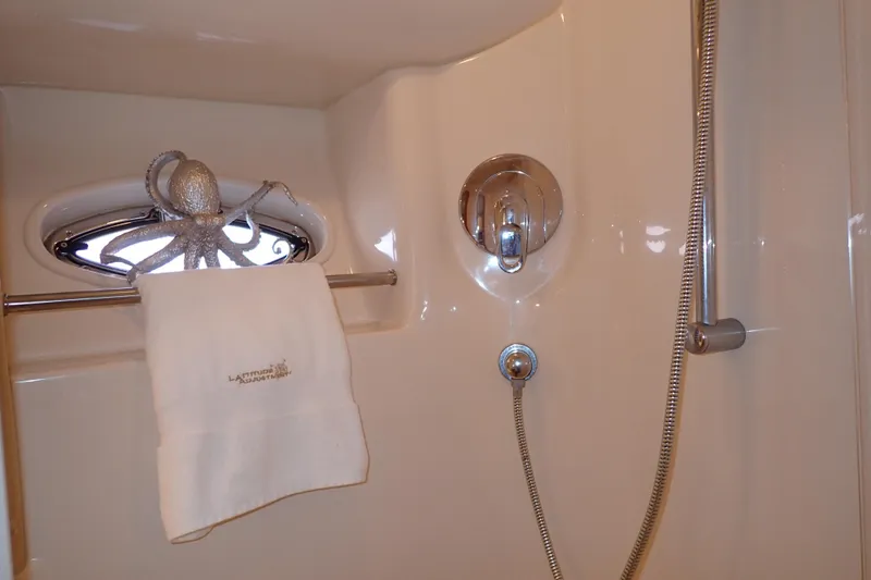 Lattitude Adjustment Yacht Photos Pics Shower area in 2003 Sea Ray 480 Sedan Bridge yacht with towel and octopus decor.