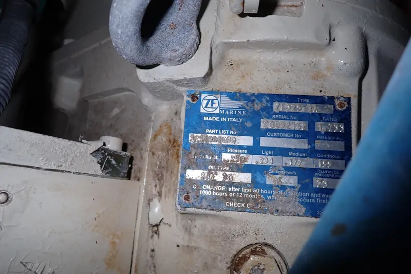 Lattitude Adjustment Yacht Photos Pics Close-up of a ZF Marine engine plate on a 2003 Sea Ray 480 Sedan Bridge.