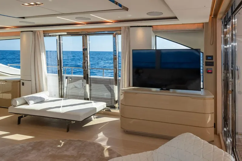 Nadira Yacht Photos Pics Luxurious 2019 Princess 30M yacht interior with ocean view, modern decor, and large TV.