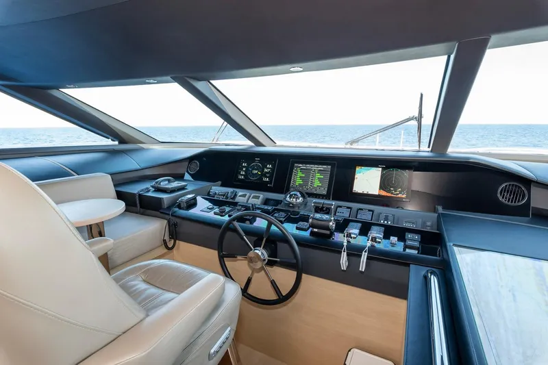 Nadira Yacht Photos Pics Luxurious 2019 Princess 30M yacht cockpit with advanced navigation systems and ocean view.