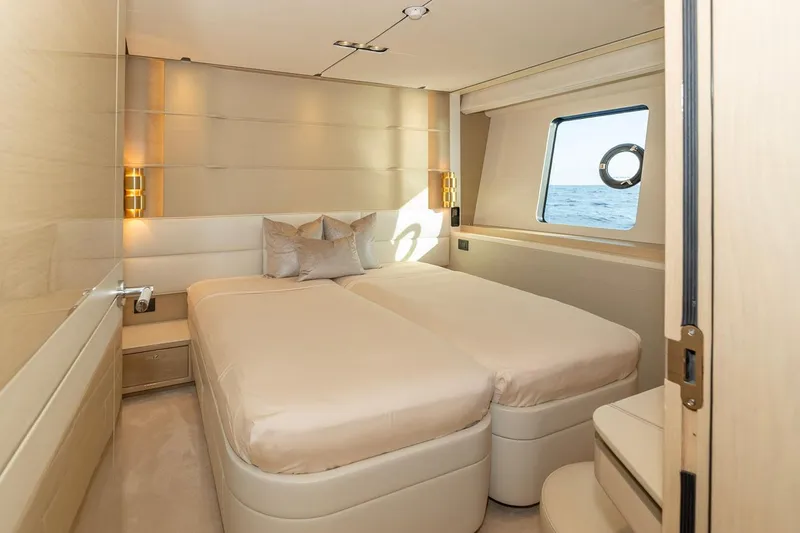 Nadira Yacht Photos Pics Luxurious bedroom interior on 2019 Princess 30M yacht with ocean view.