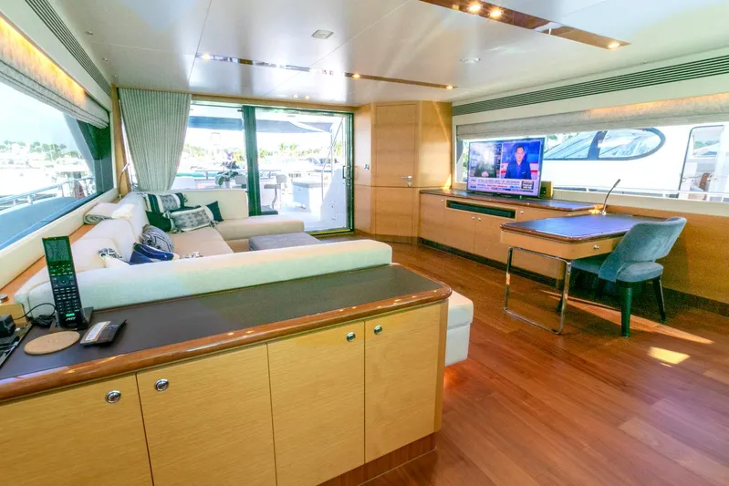 One More Time Yacht Photos Pics Luxurious Horizon FD92 yacht interior with modern furnishings and large windows, 2021 model.