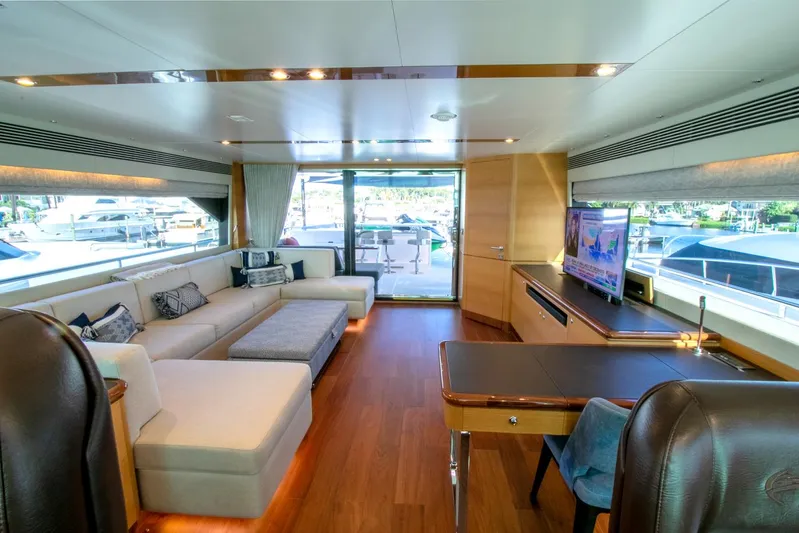 One More Time Yacht Photos Pics Luxurious Horizon FD92 yacht interior with modern furnishings, large windows, and elegant wood flooring.