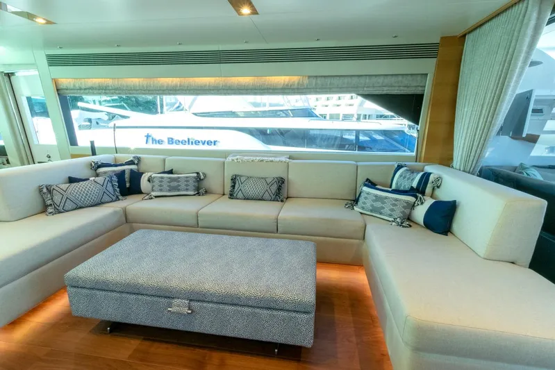 One More Time Yacht Photos Pics Luxurious yacht interior with plush seating, Horizon FD92 model, 2021.