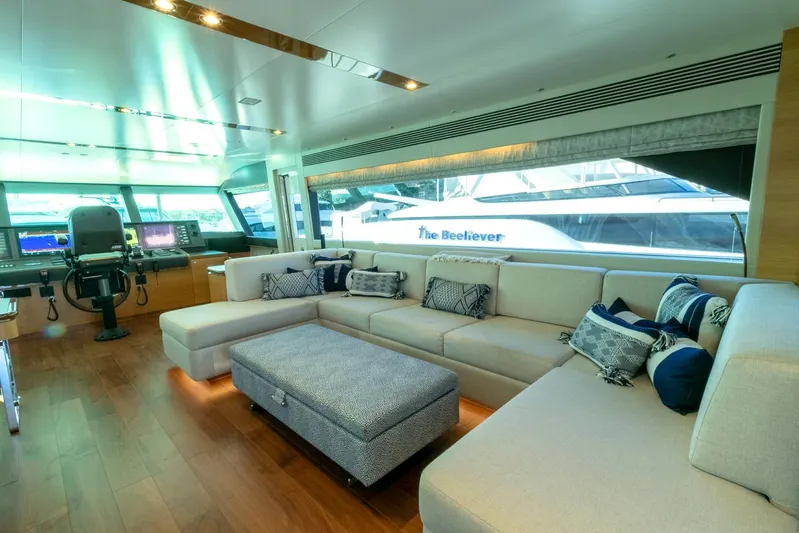 One More Time Yacht Photos Pics Luxurious Horizon FD92 yacht interior with spacious seating and modern decor, 2021 model.