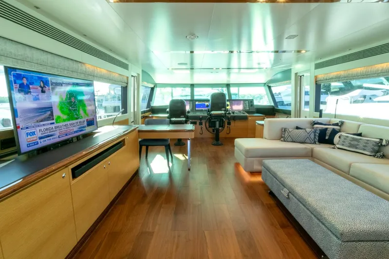 One More Time Yacht Photos Pics Luxurious Horizon FD92 yacht interior with modern seating and large TV, 2021 model.