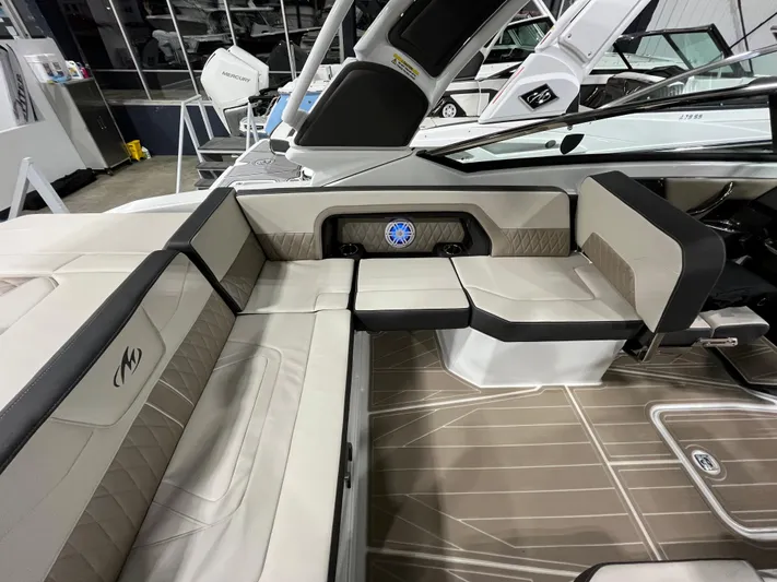  Yacht Photos Pics 2023 Monterey 298 Super Sport interior with beige seating and modern design.