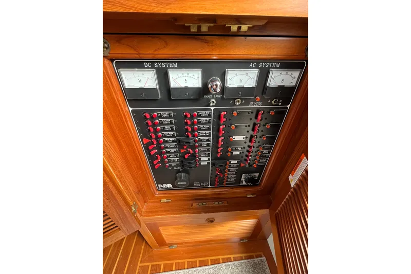 Abina Yacht Photos Pics Electrical panel of a 2001 Kadey-Krogen 39 boat, featuring DC and AC systems.