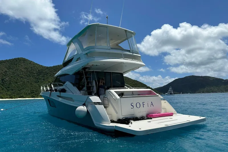  Yacht Photos Pics 2020 Tiara Yachts F53 Flybridge anchored in clear blue water, scenic island backdrop.