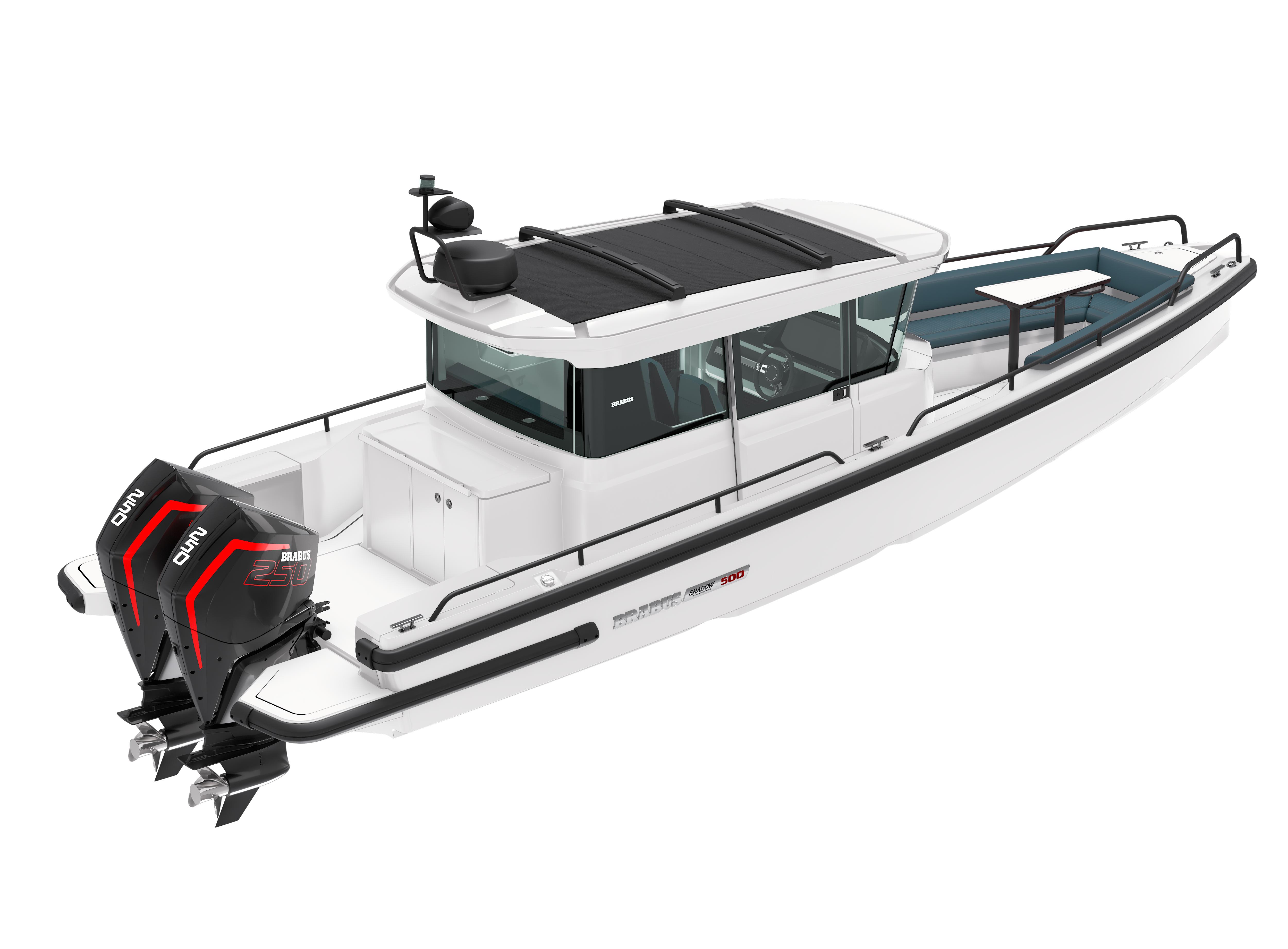 2024 BRABUS Shadow 500 Cabin Wet Bar luxury motorboat with dual outboard engines.