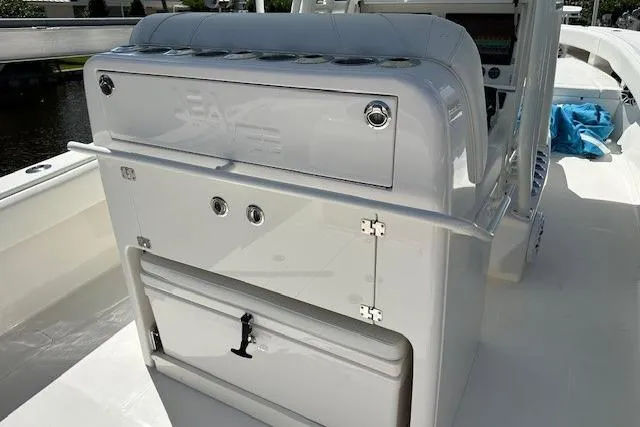 Reel Craft Yacht Photos Pics 2024 SeaVee 340Z boat interior with storage compartments and seating.