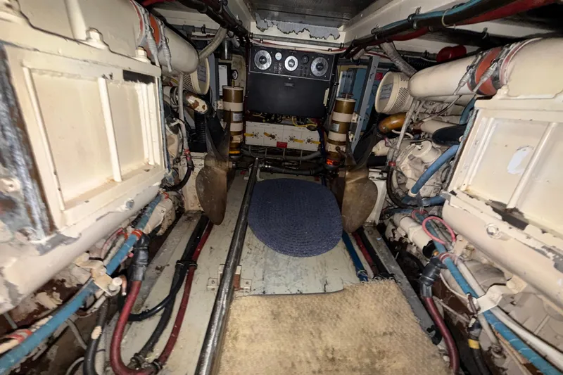  Yacht Photos Pics Engine room of 1988 Hatteras 43 Motor Yacht with visible machinery and wiring.