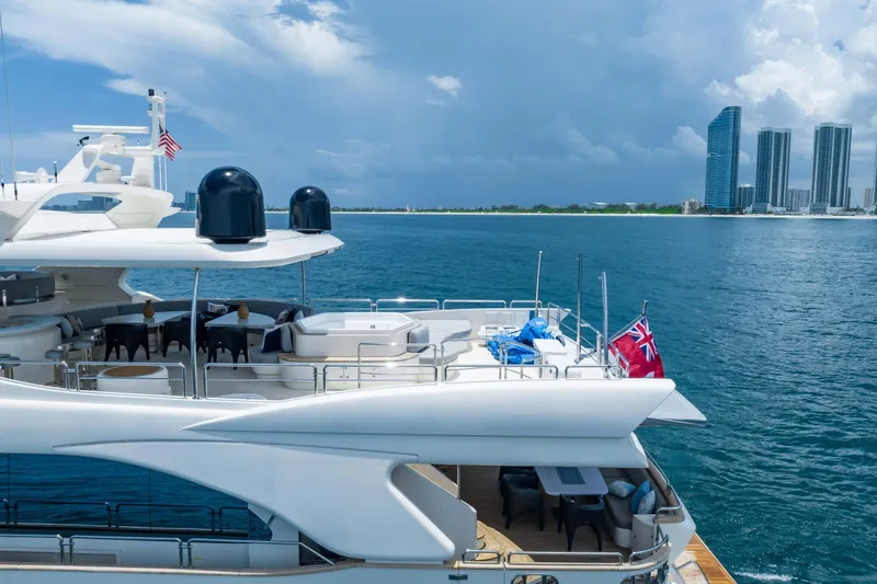  Yacht Photos Pics Luxurious 2012 Azimut yacht with spacious deck, ocean view, and city skyline in the background.