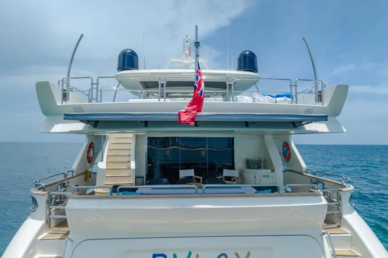  Yacht Photos Pics Luxury Azimut yacht from 2012, rear view with flag, on open sea.