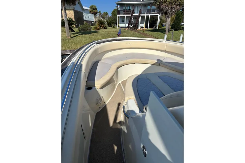 Yacht Photos Pics 2018 Chris-Craft 350 Catalina boat interior with cushioned seating and elegant design.