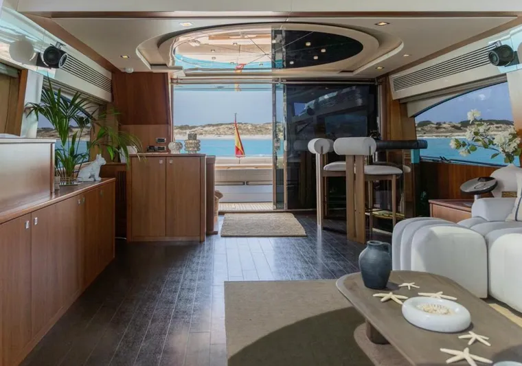 Nova Yacht Photos Pics Luxurious interior of 2008 Sunseeker Predator 92 yacht with elegant wood finishes and ocean view.