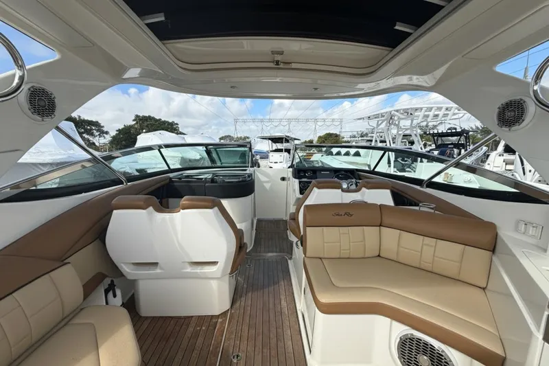  Yacht Photos Pics Interior of 2015 Sea Ray SLX 350 boat with luxurious seating and modern design.