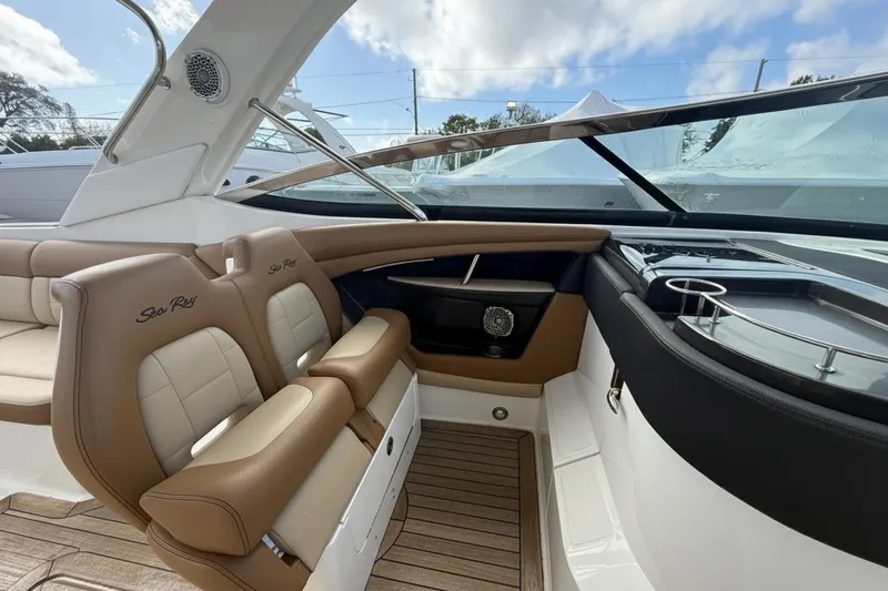  Yacht Photos Pics 2015 Sea Ray SLX 350 interior with tan leather seats and sleek design.