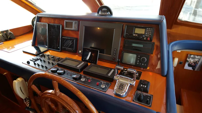  Yacht Photos Pics Control panel of a 2007 Jefferson Marquessa yacht with navigation and communication equipment.